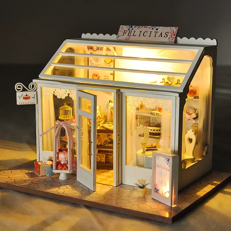 DIY Wooden Miniature Building Kits Bakery Cottage Doll Houses With Furniture Lights 3D Puzzle Casa Dollhouses for Friends Gifts