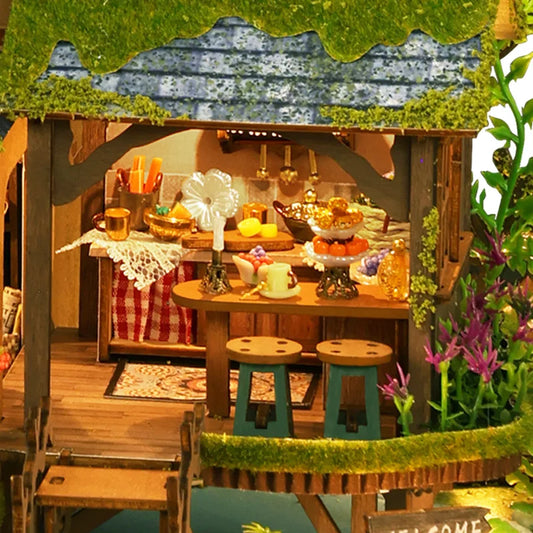 DIY Wooden Forest Adventure Set - Mini House Model with Dollhouse & Bookshelf, Creative Birthday Gift for Friends & Adults