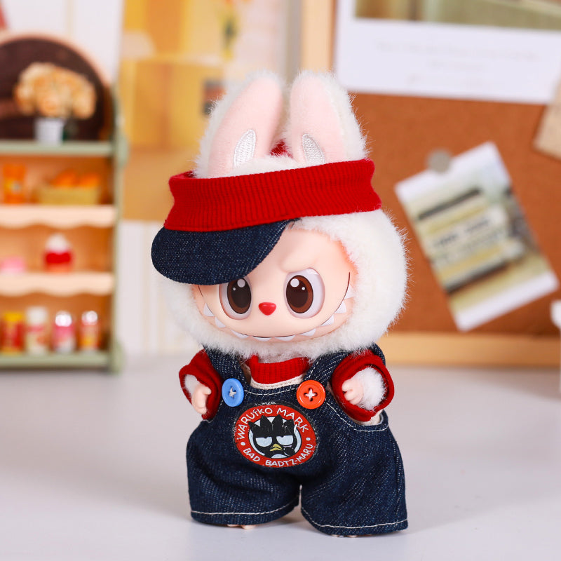 Handmade Labubu outfit with white T-shirt and blue overalls for 15–17cm doll

