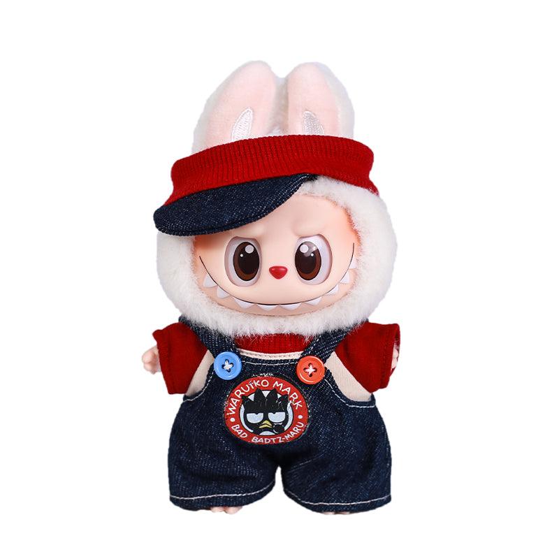 Labubu doll dressed in cute summer clothes – T-shirt and bib overalls

