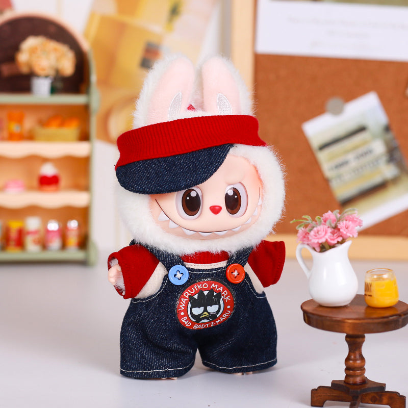 Labubu plush doll wearing casual T-shirt and denim overalls set

