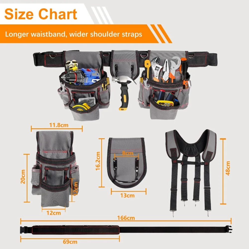 Tool Belt for Men,  Adjustable Tool Belt with Suspenders 22-Pocket, Tool Organizer for Electricians, Carpenters, Construction