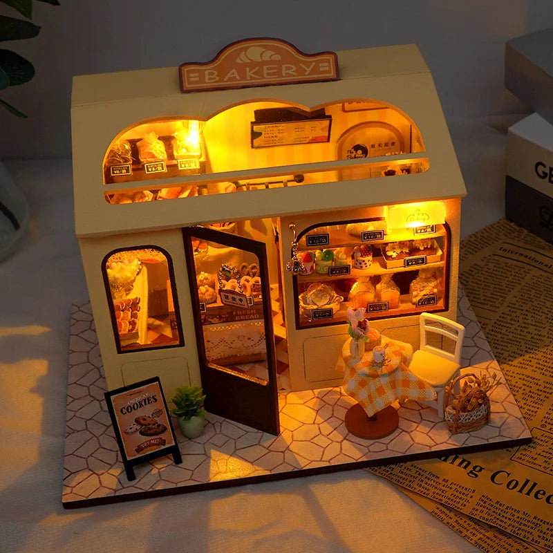 DIY Wooden Miniature Building Kits Bakery Cottage Doll Houses With Furniture Lights 3D Puzzle Casa Dollhouses for Friends Gifts