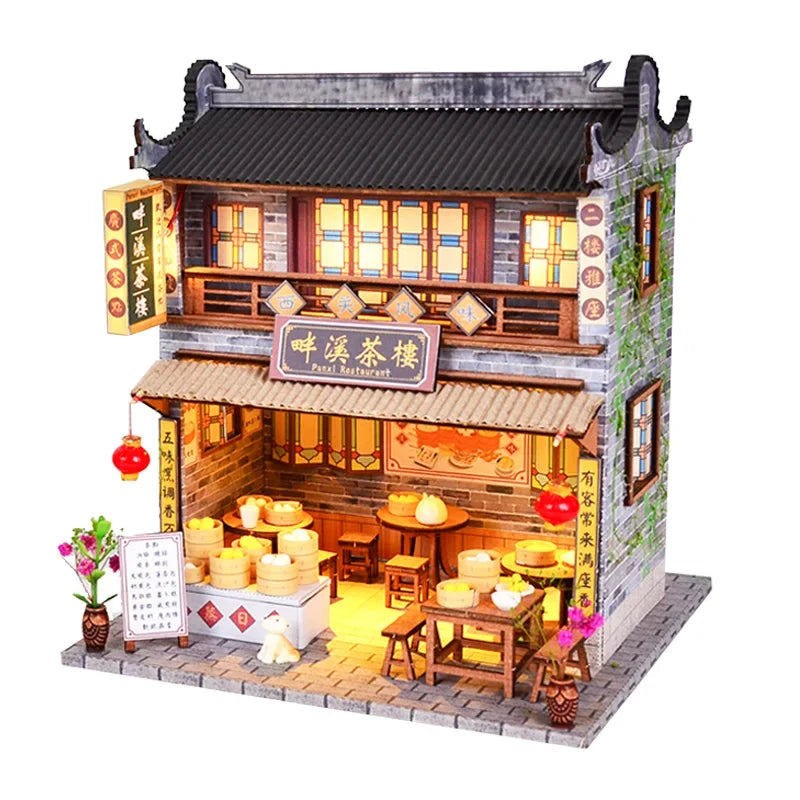 DIY Dollhouse Creative Chinese Style House Wooden Hand-assembled Street View Theater DIY Ornaments Food and Play Model Toys