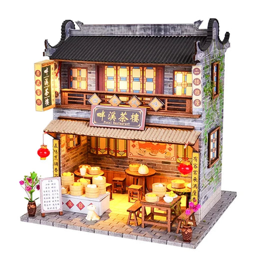 DIY Dollhouse Creative Chinese Style House Wooden Hand-assembled Street View Theater DIY Ornaments Food and Play Model Toys