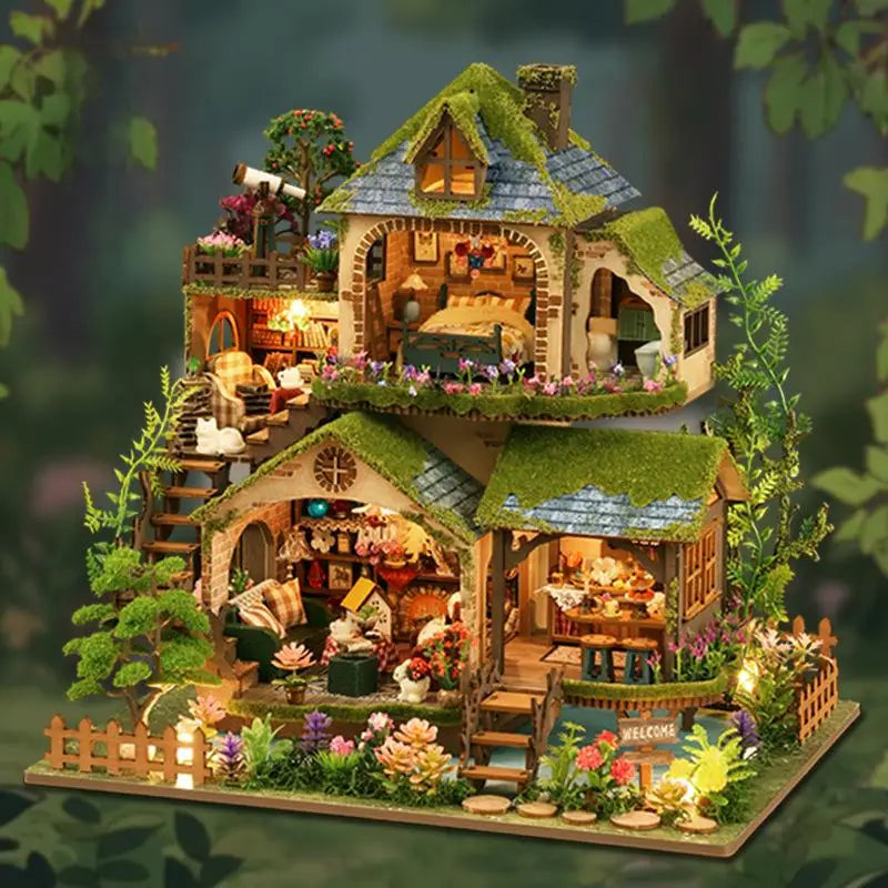 DIY Wooden Forest Adventure Set - Mini House Model with Dollhouse & Bookshelf, Creative Birthday Gift for Friends & Adults