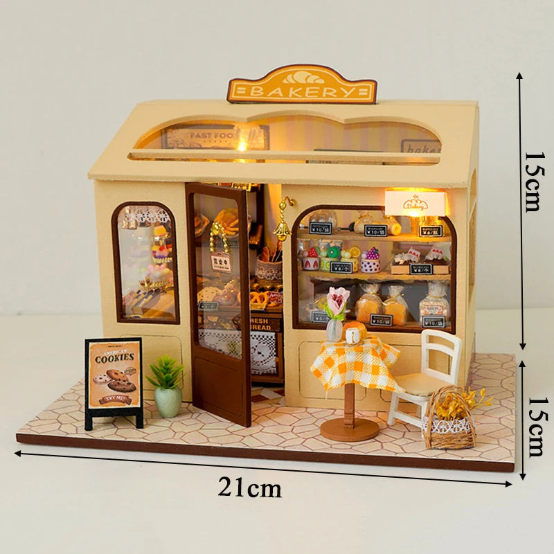 DIY Wooden Miniature Building Kits Bakery Cottage Doll Houses With Furniture Lights 3D Puzzle Casa Dollhouses for Friends Gifts