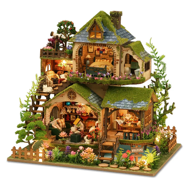DIY Wooden Forest Adventure Set - Mini House Model with Dollhouse & Bookshelf, Creative Birthday Gift for Friends & Adults