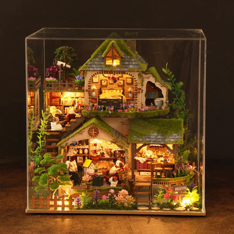 DIY Wooden Forest Adventure Set - Mini House Model with Dollhouse & Bookshelf, Creative Birthday Gift for Friends & Adults