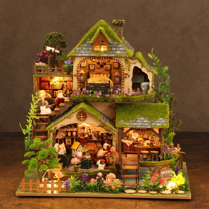 DIY Wooden Forest Adventure Set - Mini House Model with Dollhouse & Bookshelf, Creative Birthday Gift for Friends & Adults