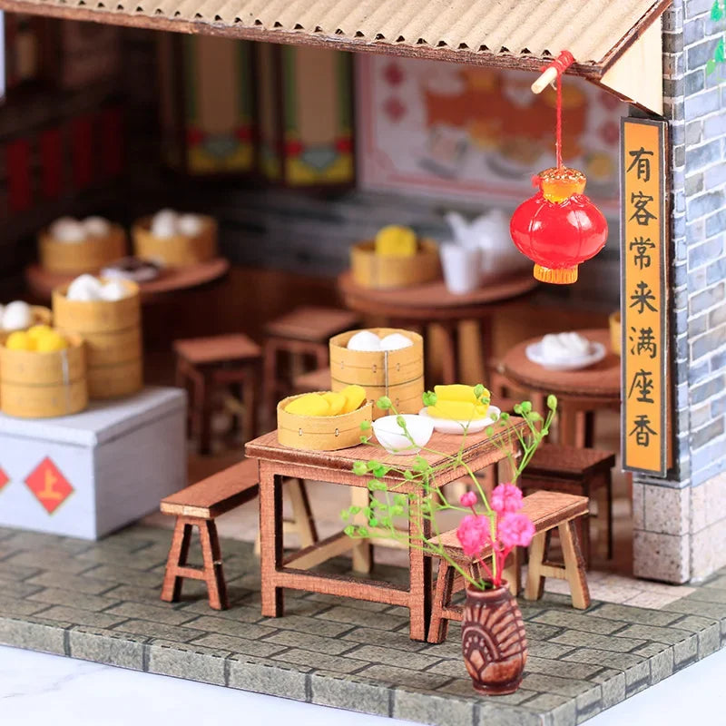 DIY Dollhouse Creative Chinese Style House Wooden Hand-assembled Street View Theater DIY Ornaments Food and Play Model Toys