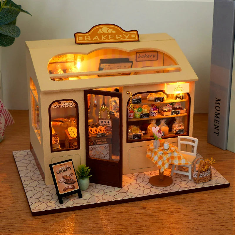 DIY Wooden Miniature Building Kits Bakery Cottage Doll Houses With Furniture Lights 3D Puzzle Casa Dollhouses for Friends Gifts