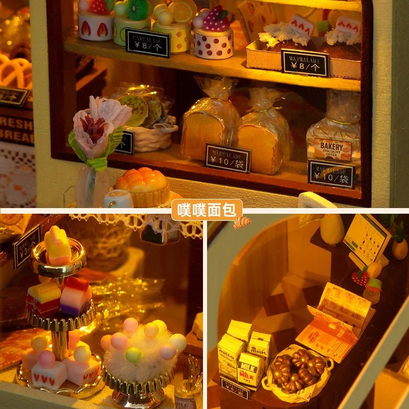 DIY Wooden Miniature Building Kits Bakery Cottage Doll Houses With Furniture Lights 3D Puzzle Casa Dollhouses for Friends Gifts
