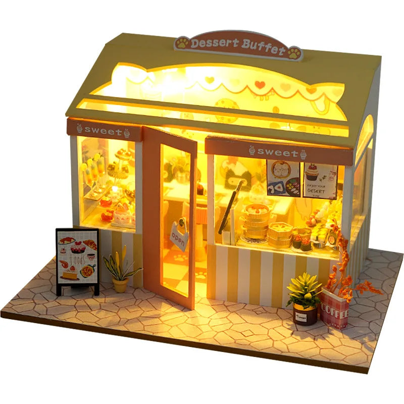DIY Wooden Miniature Building Kits Bakery Cottage Doll Houses With Furniture Lights 3D Puzzle Casa Dollhouses for Friends Gifts