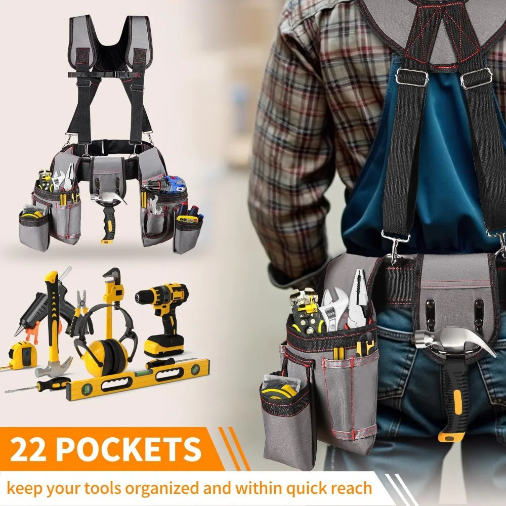Tool Belt for Men,  Adjustable Tool Belt with Suspenders 22-Pocket, Tool Organizer for Electricians, Carpenters, Construction
